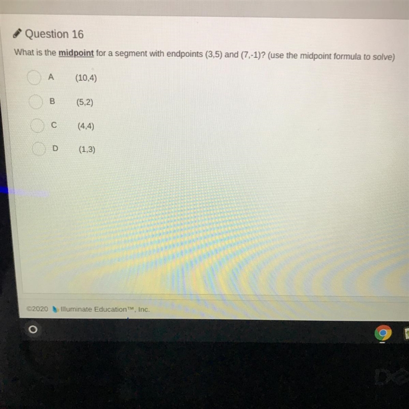 What is the mid point for a segment with endpoints (3,5) and (7,-1) ? HELP PLSS-example-1