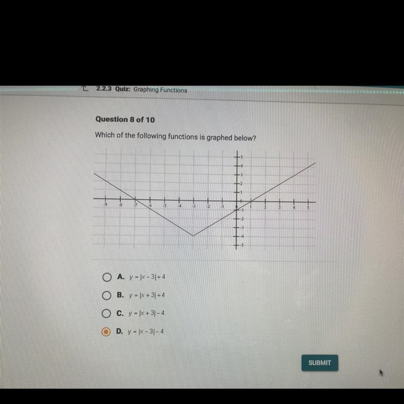 Which of the following functions is graphed below? O A. y - x - 344 O B. y - 1+31+1 O-example-1