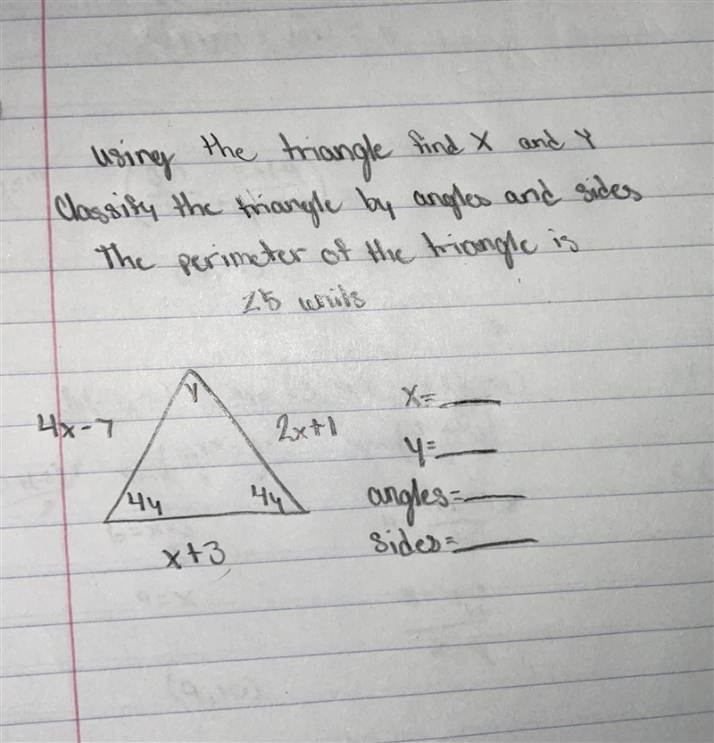 Using the triangle find x and y Classify the triangle by angles and sides The perimeter-example-1