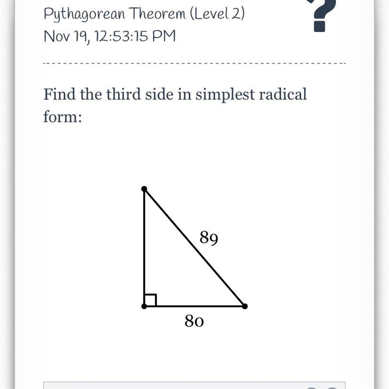 Find the third side in simplest radical form: deltamath pls help asap!!-example-1