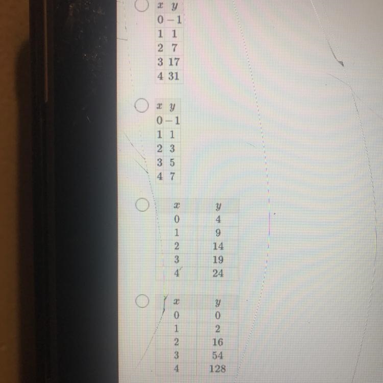 25 POINTS Which table of values represents a quadratic function?-example-1