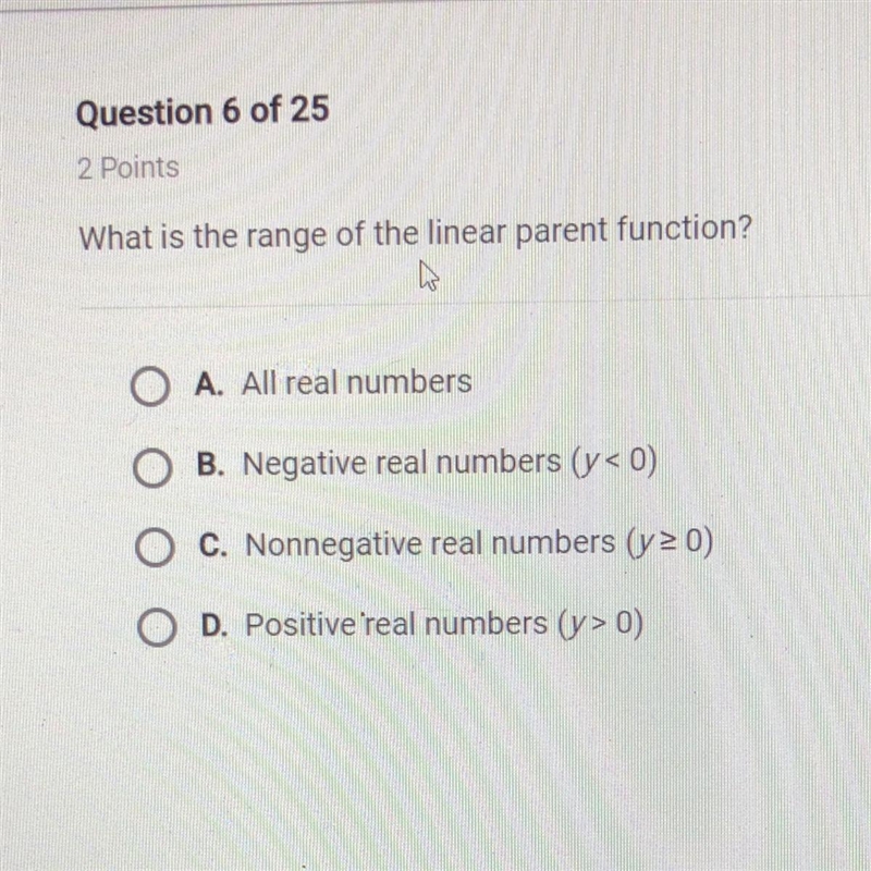 What is the range of the linear parent function? O A. All real numbers B. Negative-example-1