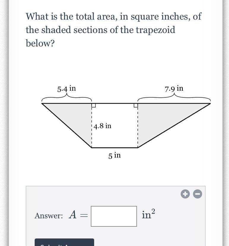 What is the total area, in square inches, of the shaded sections of the trapezoid-example-1