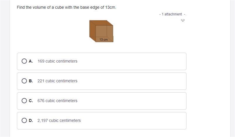 Find the volume of a cube with the base edge of 13cm.-example-1