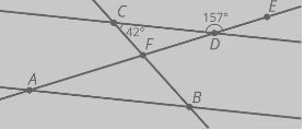 Lines AB and CD are parallel. Find the measures of the three angles in triangle ABF-example-1