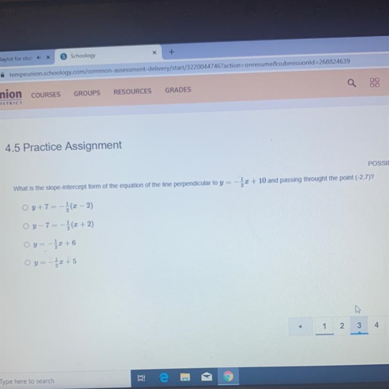 What is the slope-intercept form of the equation of the line perpendicular to y = -x-example-1