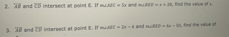 Line AB and line CD intersect at point E. If angle AEC= 5x and angle BED= x +28, font-example-1