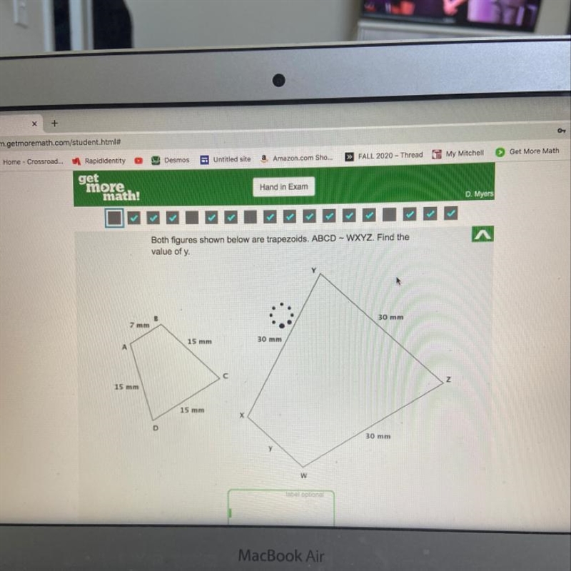 Both figures shown below are trapezoids. ABCD - WXYZ. Find the value of y. A B 30 mm-example-1