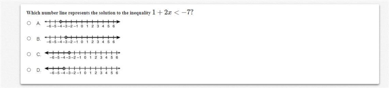 Which number line represents the solution to the inequality 1 + 2 x < − 7 ?-example-1