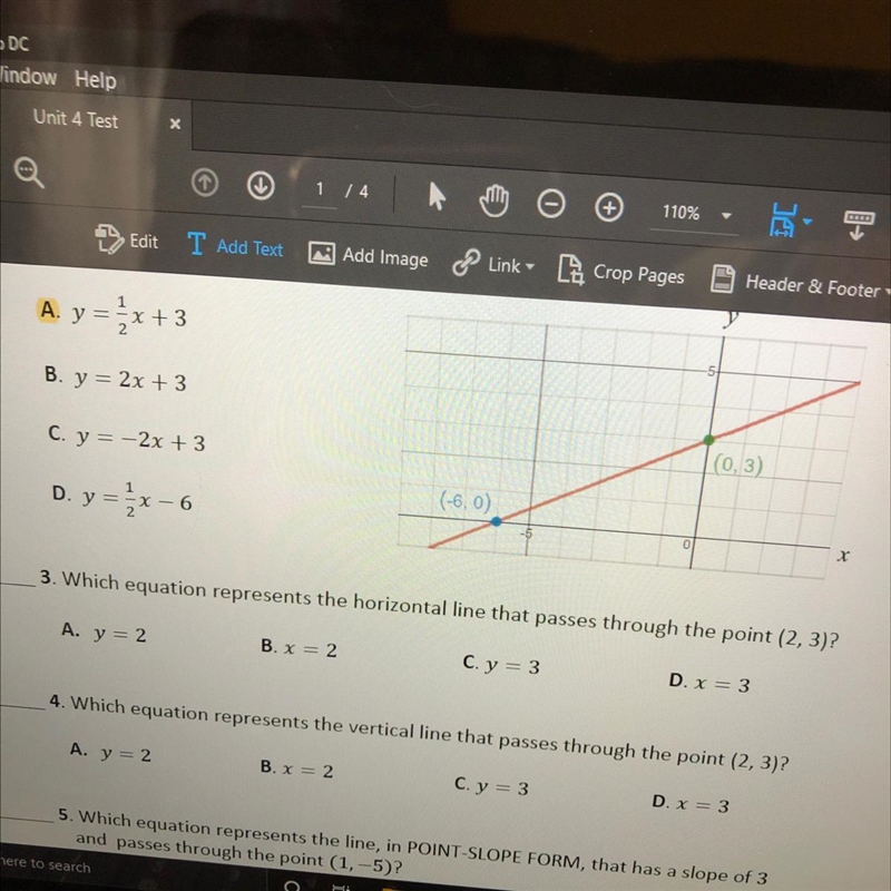 3. Which equation represents the horizontal line that passes through the point (2, 3)? A-example-1