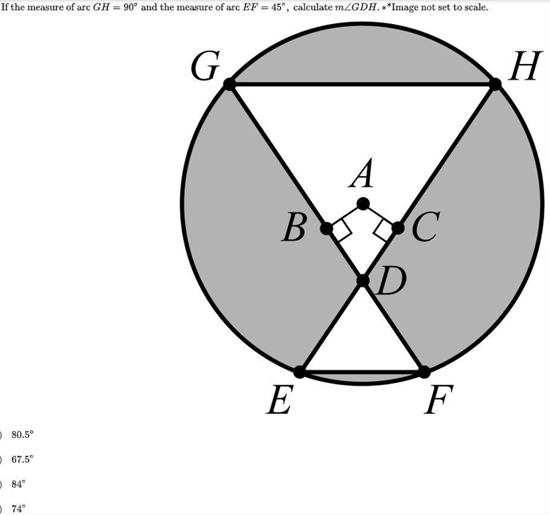 If the measure of arc GH= 90° and the measure of arc EF= 45°, calculate m∠GDH.-example-1