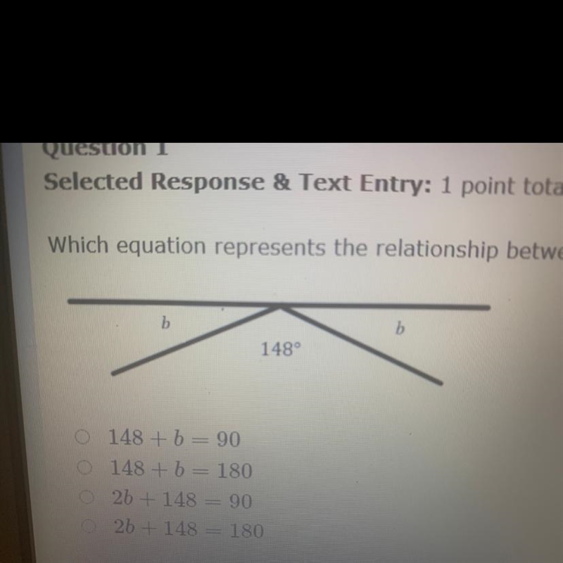 Which equation represents the relationship between the angles in this figure? A. 148 + b-example-1