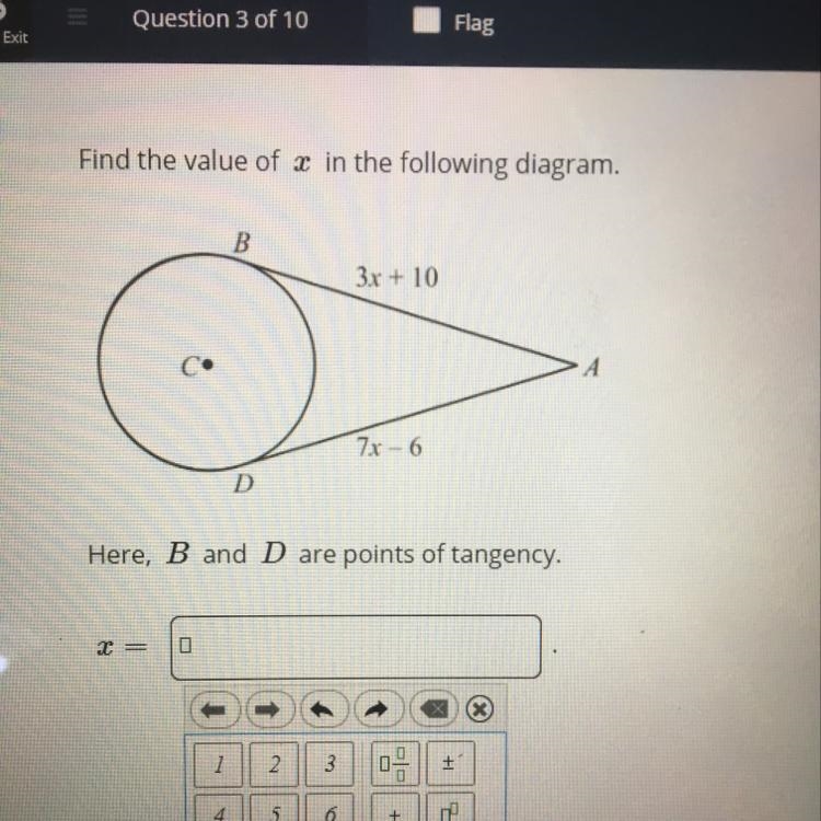 Find the value of x in the following diagram, 3x + 10 Here, B and D are points of-example-1