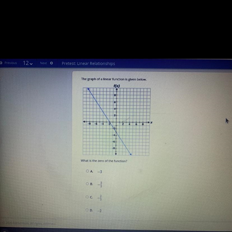 The graph of a linear function is given below. what is the zero of this function ?-example-1