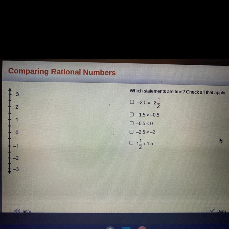 Comparing rational numbers Which statements are true? Check all that apply.-example-1