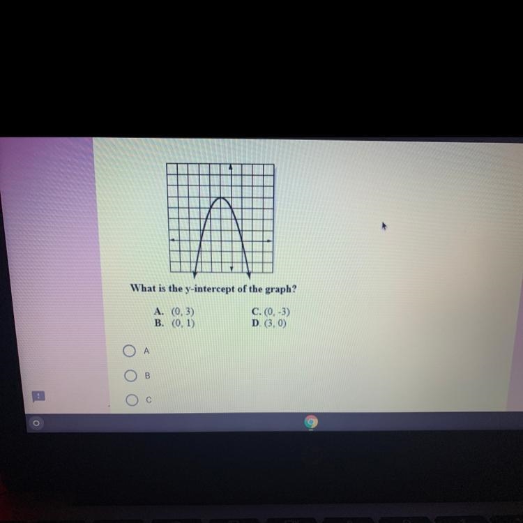 What is the Y-Intercept of the graph? A. (0,3) B. (0,-1) C. (0,-3) D. (3,0)-example-1