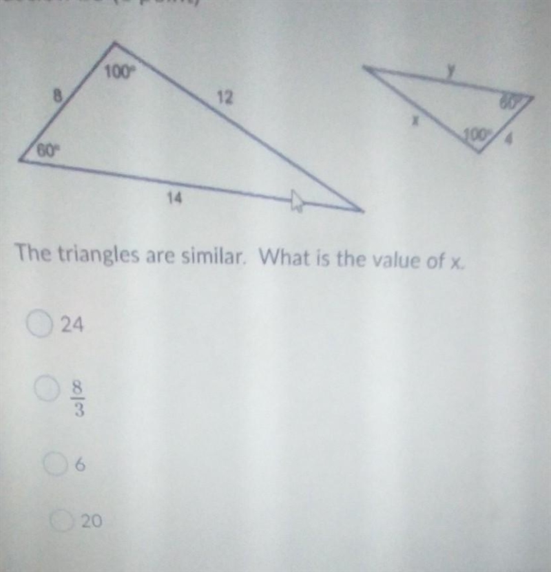 The triangles are similar. What is the value of x.​-example-1