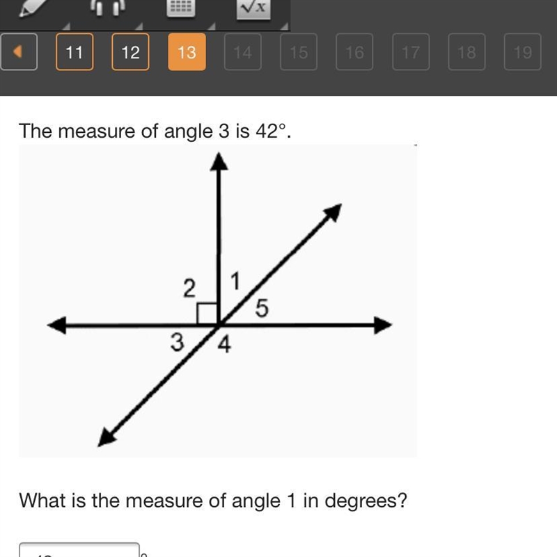 The measure of angle 3 is 42°. What is the measure of angle 1 in degrees?-example-1