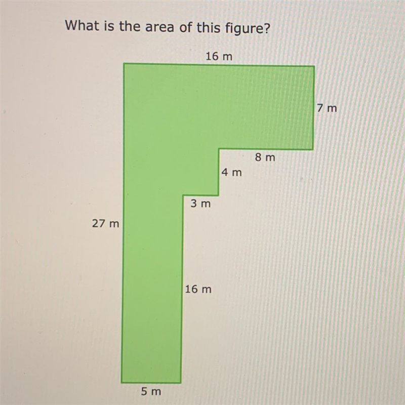 What is the area of this figure? 16 m 7 m 8 m 4 m 3 m 27 m 16 m 5 m-example-1