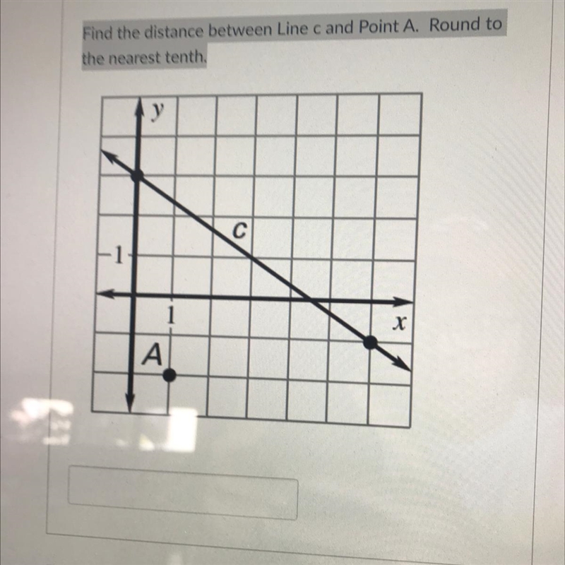 Find the distance between Line c and Point A. Round to the nearest tenth.-example-1