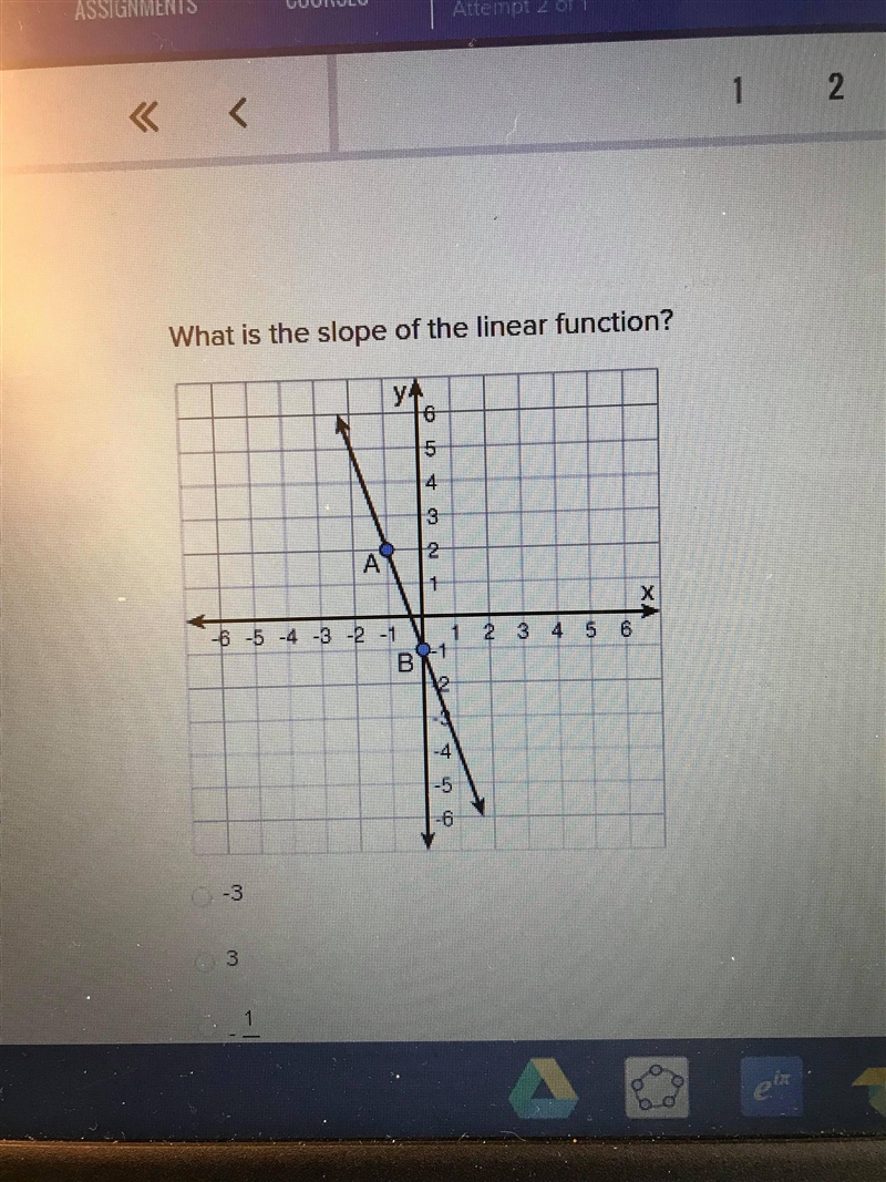 What is the slope of the linear function? -3 3 -1/3 1/3-example-1