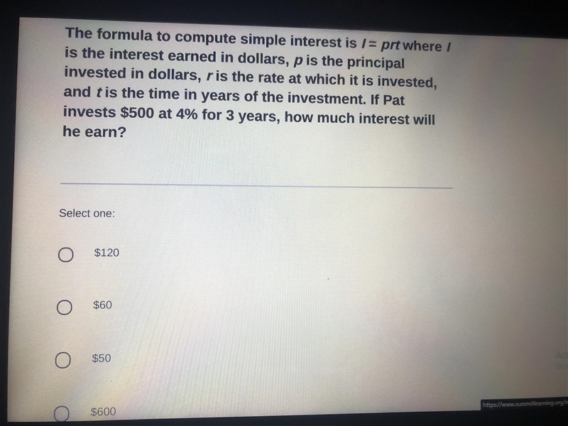 How much interest will he earn? A) $120 B) $60 C) $50 D) $600-example-1