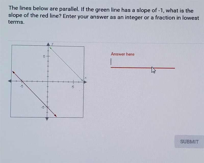 The lines below are parallel. If the green line has a slope of -1, what is the slope-example-1