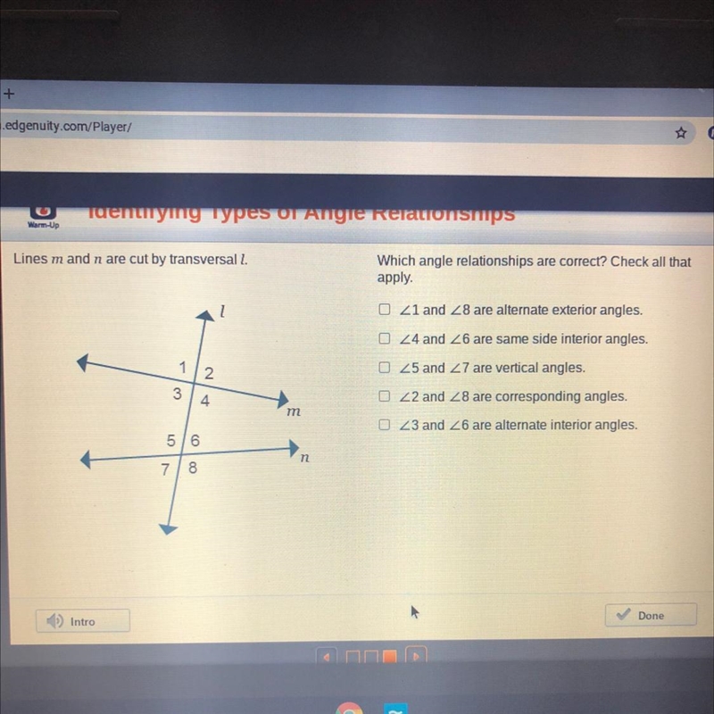 Lines m and n are cut by transversal l. Which angle relationships are correct? Check-example-1