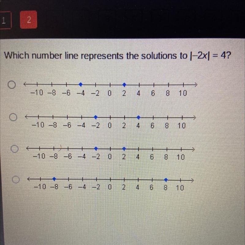 Which number line represents the solutions to 1-2x1 = 4?-example-1