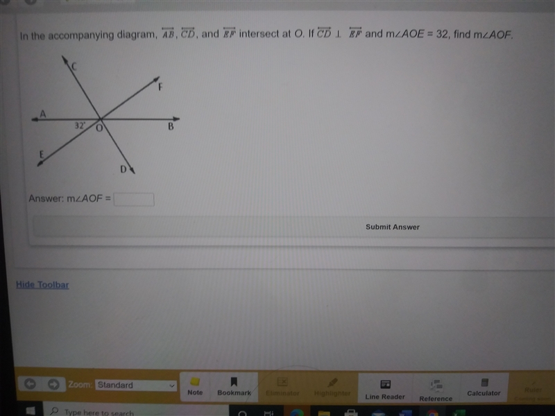 AB, CD, and EF intersect at O. If CD is perpendicular to EF and m-example-1