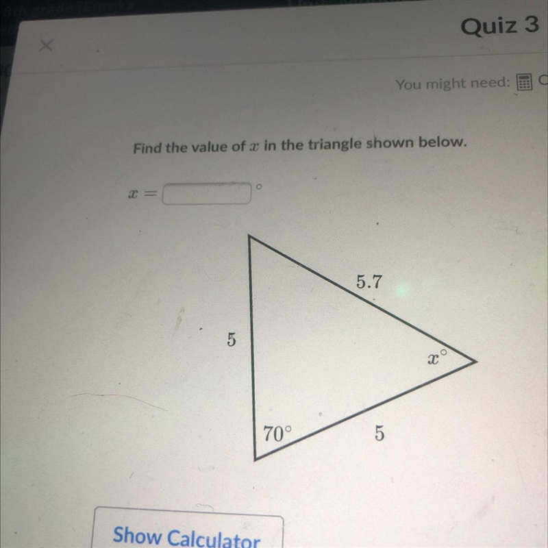 Find the value of x in the triangle shown below , please help-example-1