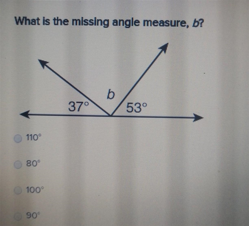 What is the missing angle measure, b? 37° 53° 110° 80° 100° 90°​-example-1