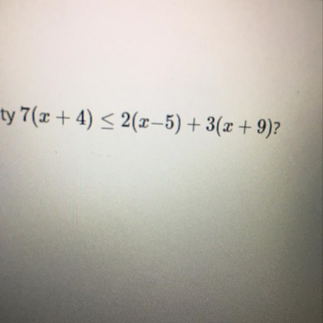 What is the solution of the inequality 7(x + 4) < 2(x–5) + 3(x + 9)?-example-1