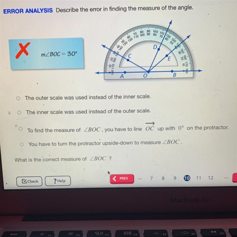 Describe the error in finding the measure of the angle. m-example-1