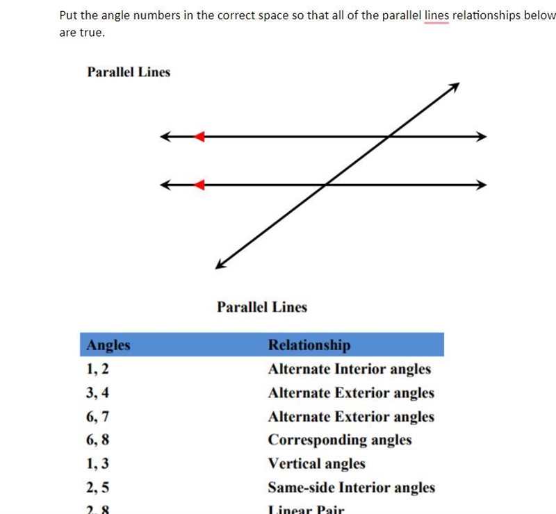 Put the angle numbers in the correct space so that all of the parallel lines relationships-example-1