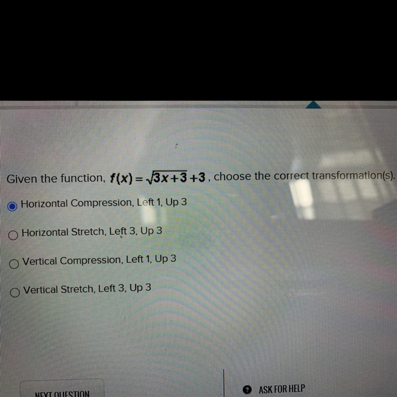 Given the function, f (x) = sq3x+3+3, choose the correct transformation.-example-1