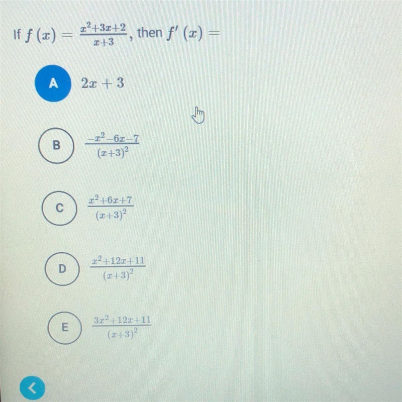 Can someone PLEASE show me how to do this! If f (x) = x^2 + 3x +2/ x +3, then f’ (x-example-1