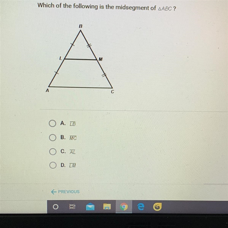 Which of the following is the midsegment of AABC?-example-1