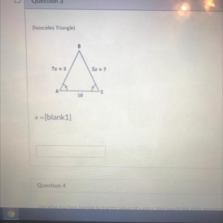 (Isosceles Triangle) 7x +3 5x + 7 С 10 ==[blank1]-example-1