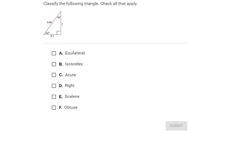 Classify the following triangle. Check all that apply.-example-1