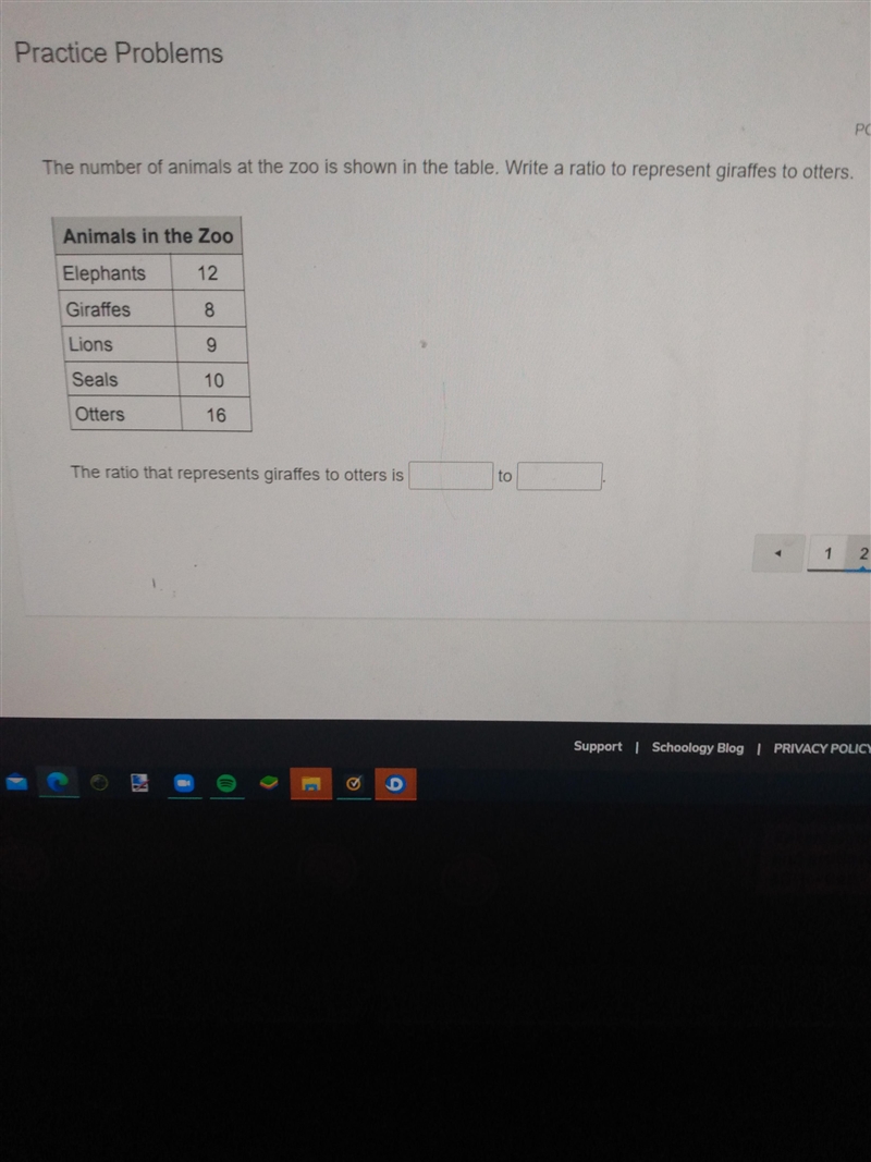 The number of animals at the is shown in the table. Write a ratio to represent giraffes-example-1