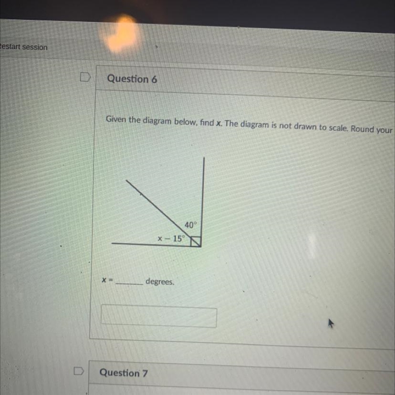 Given the diagram below, find X. The diagram IS 40° x - 15° X = degrees.-example-1