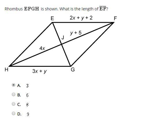 Rhombus EFGH is shown. What is the length of EF ? A. 3 B. 6 C. 8 D. 9-example-1