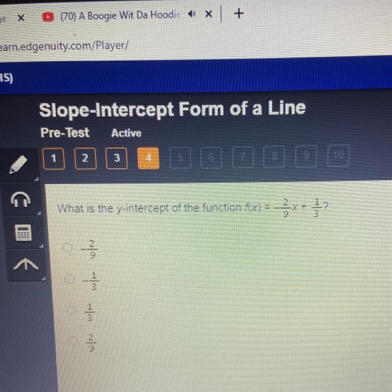 What ya the y-intercept of the function f(x) = -2/9x + 1/3-example-1