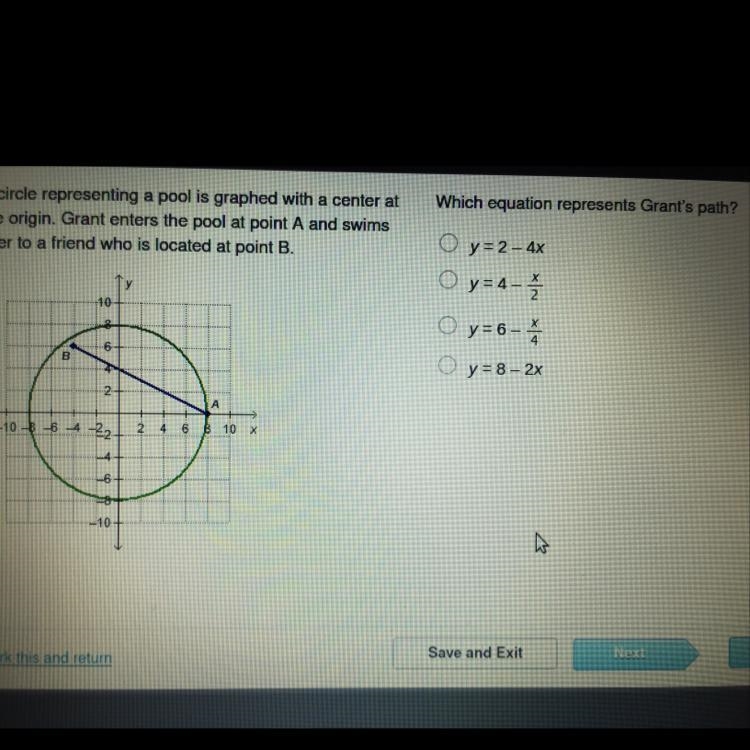 Which equation represents Grant's path? A circle representing a pool is graphed with-example-1