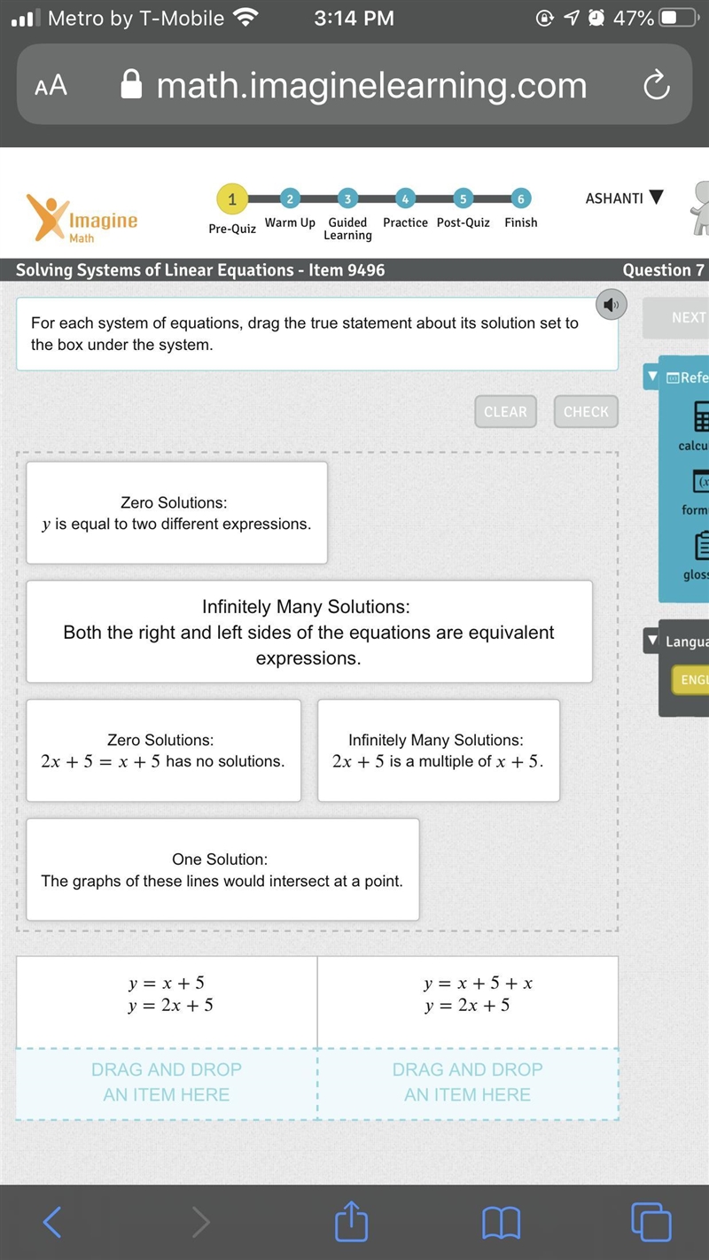 For each system of equations, drag the true statement about its solution set to the-example-1