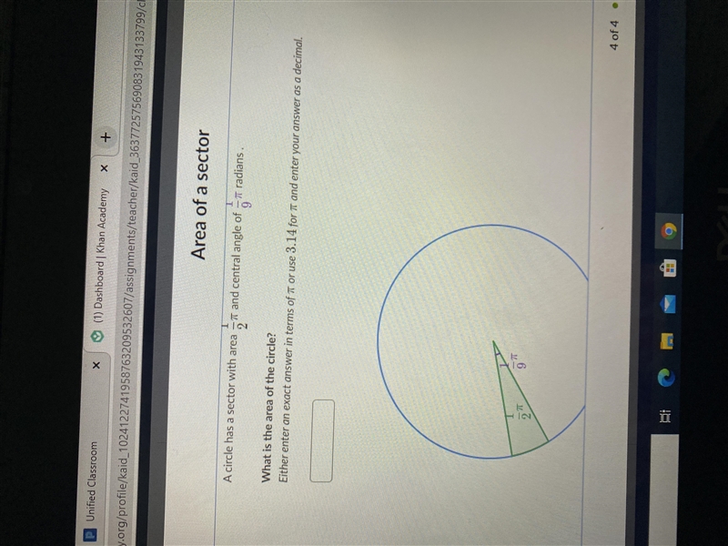 A circle has a sector with area 1/2pi and central angle of 1/9pi radians what is the-example-1