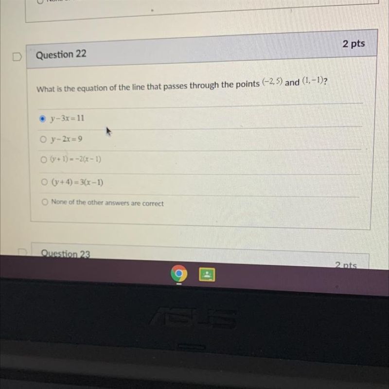 What is the equation of the line that passes through the points (-2,5) and (1,-1)?-example-1