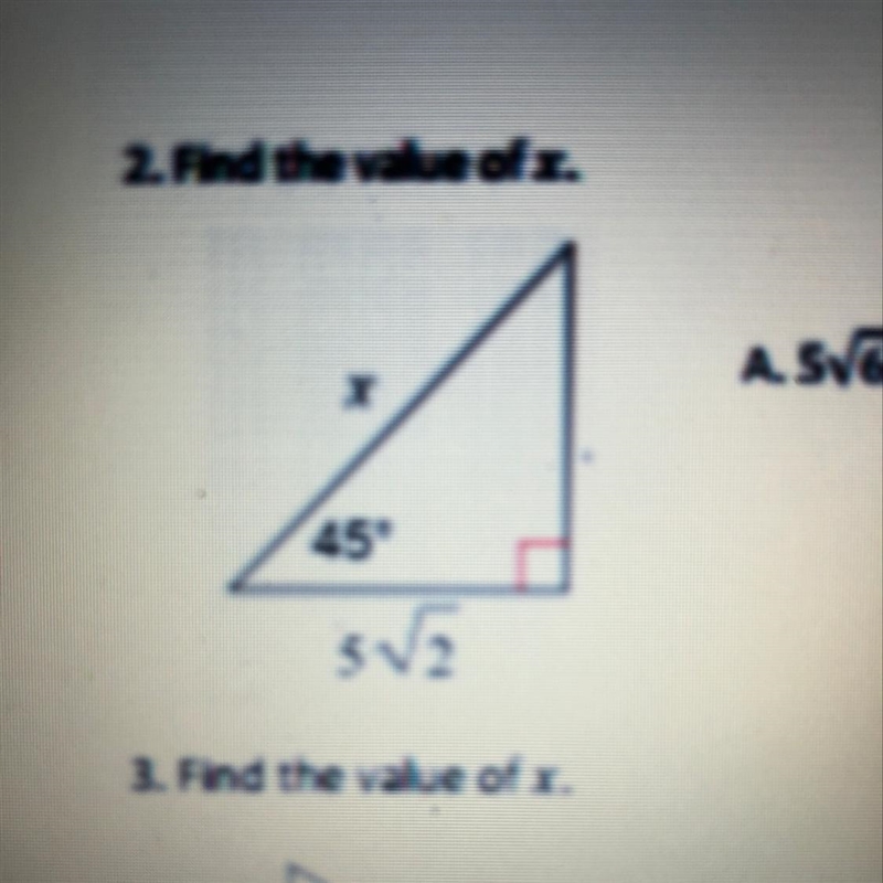 Find the value of x. A. 5√6 B. 10√2 C. 5√2 D. 5 E. 10-example-1