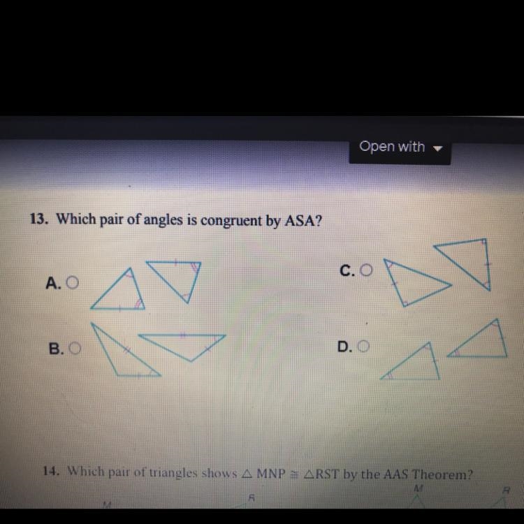 Which pair of angles is congruent by ASA?-example-1